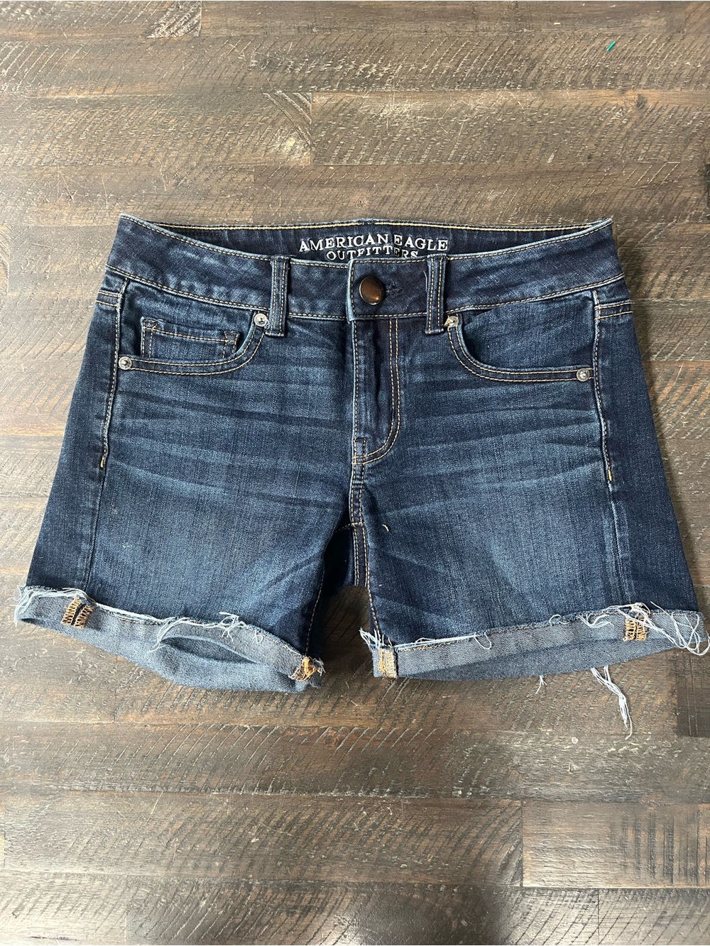American Eagle Outfitters Dark Blue Rolled-Hem Denim Shorts